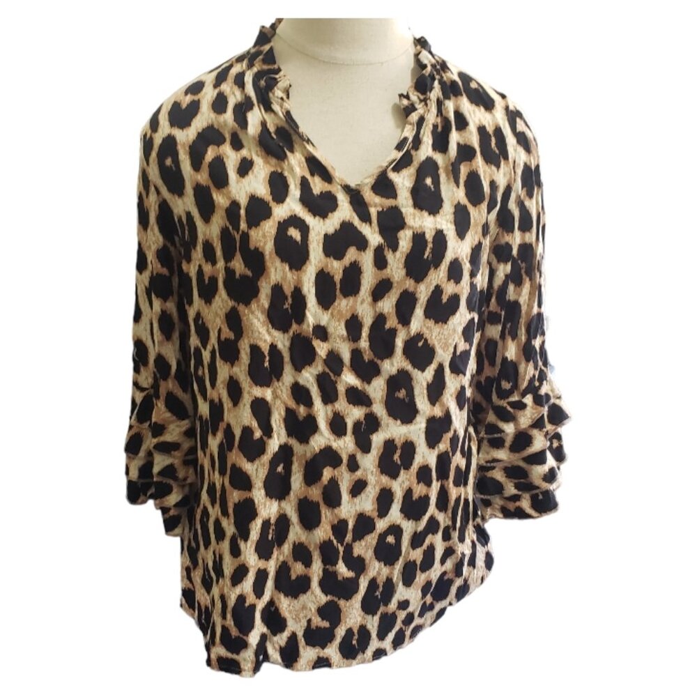 CT764 Ethyl Animal Print Blouse with Ruffle Sleeve S
